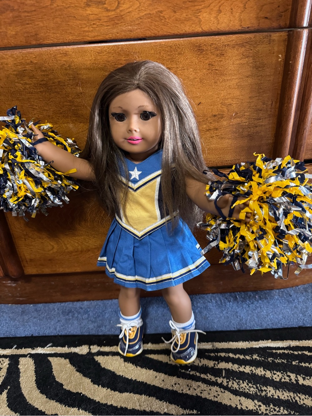 American Girl Blue and Gold Cheer Outfit with Pom-Poms
